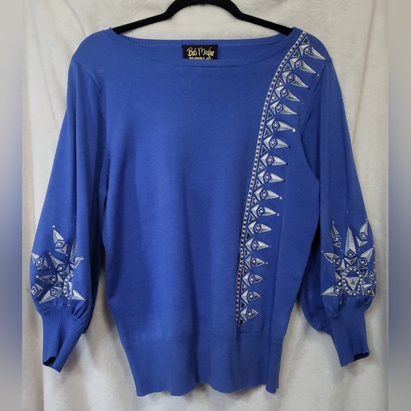 Bob Mackie Sweaters - Vtg Bob Mackie Sweater Wearable Art Small Blue Silver Star Embroidered Geometric